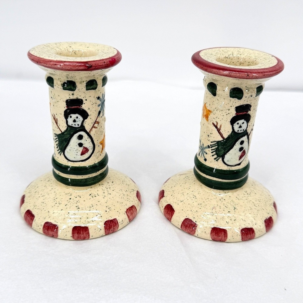 Holiday Candle Holders Snowman Taper Ceramic Christmas Winter Decor Set of 2